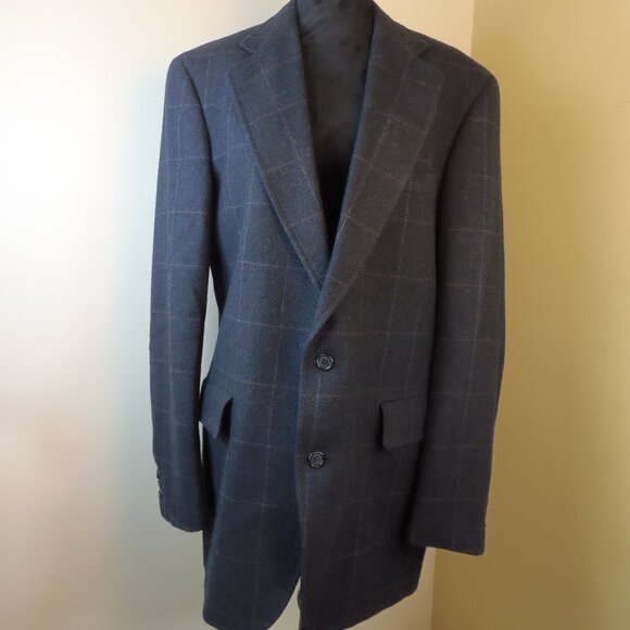 Vintage Jos A Banks Clothiers 100% Wool Dk Blue Plaid Sports Coat Union Label - Picture 1 of 11